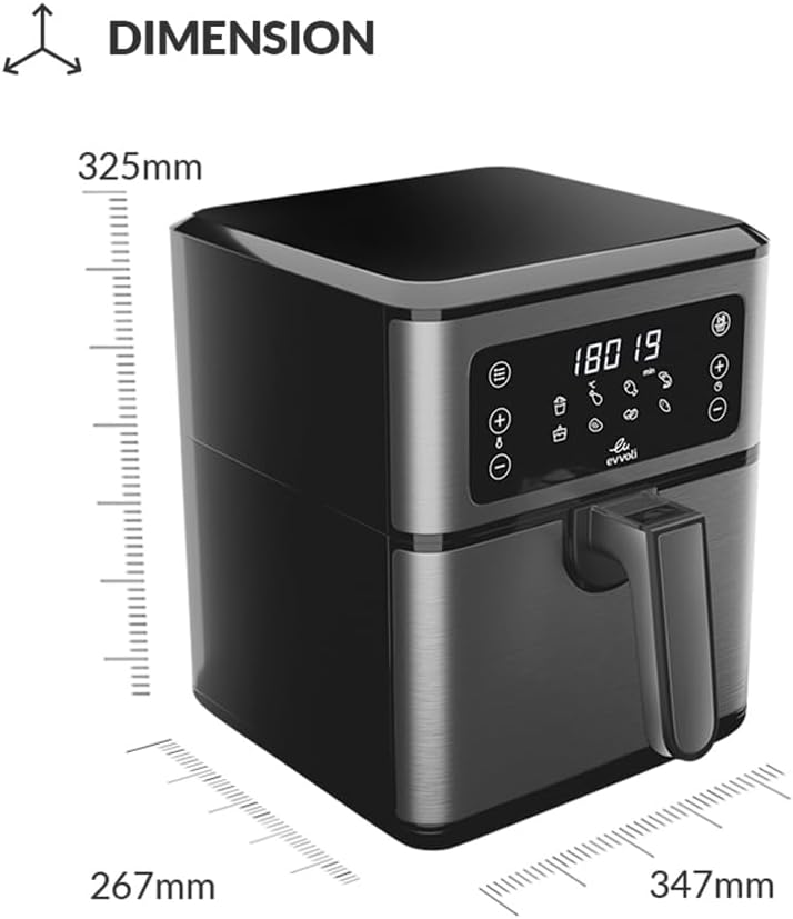 evvoli Air Fryer 5.5 Liters With Digital Control Panel Display, 8 Preset Programs and Built-In Preheat Function, 1700W, EVKA-AF5508D