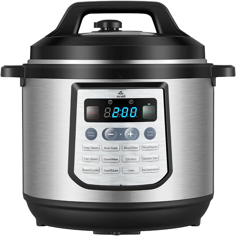 evvoli 12-in-1 Multi-Use Programmable Pressure Cooker Digital LED Display 8 L 1200 W EVKA-PC8012S Black/Silver