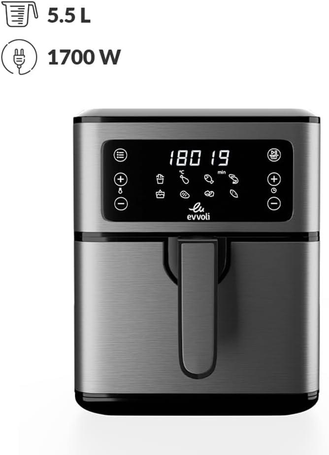 evvoli Air Fryer 5.5 Liters With Digital Control Panel Display, 8 Preset Programs and Built-In Preheat Function, 1700W, EVKA-AF5508D