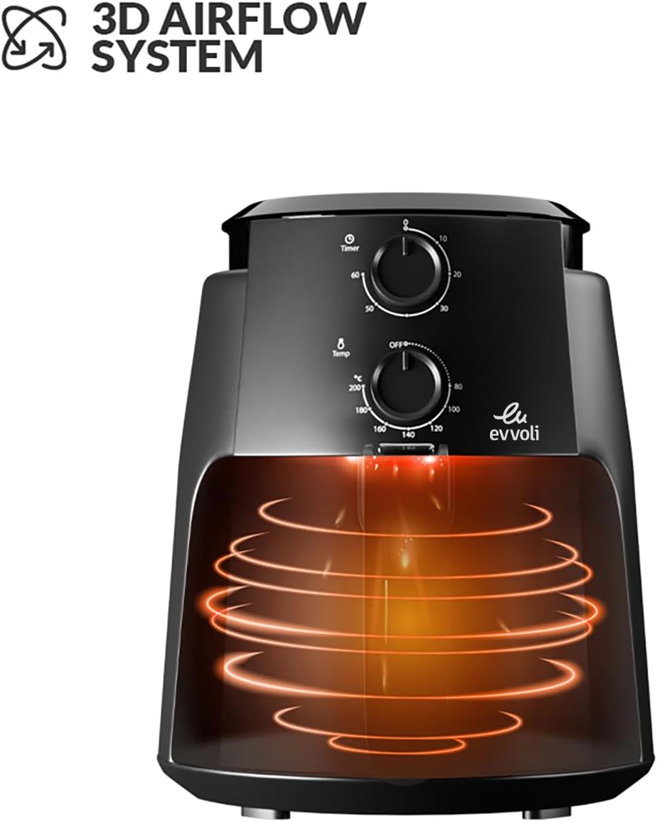 evvoli Air Fryer 4 Litres with Timer Temperature, Adjustable Control and 8 Preset Programs,1500W, EVKA-AF4001BS, Black