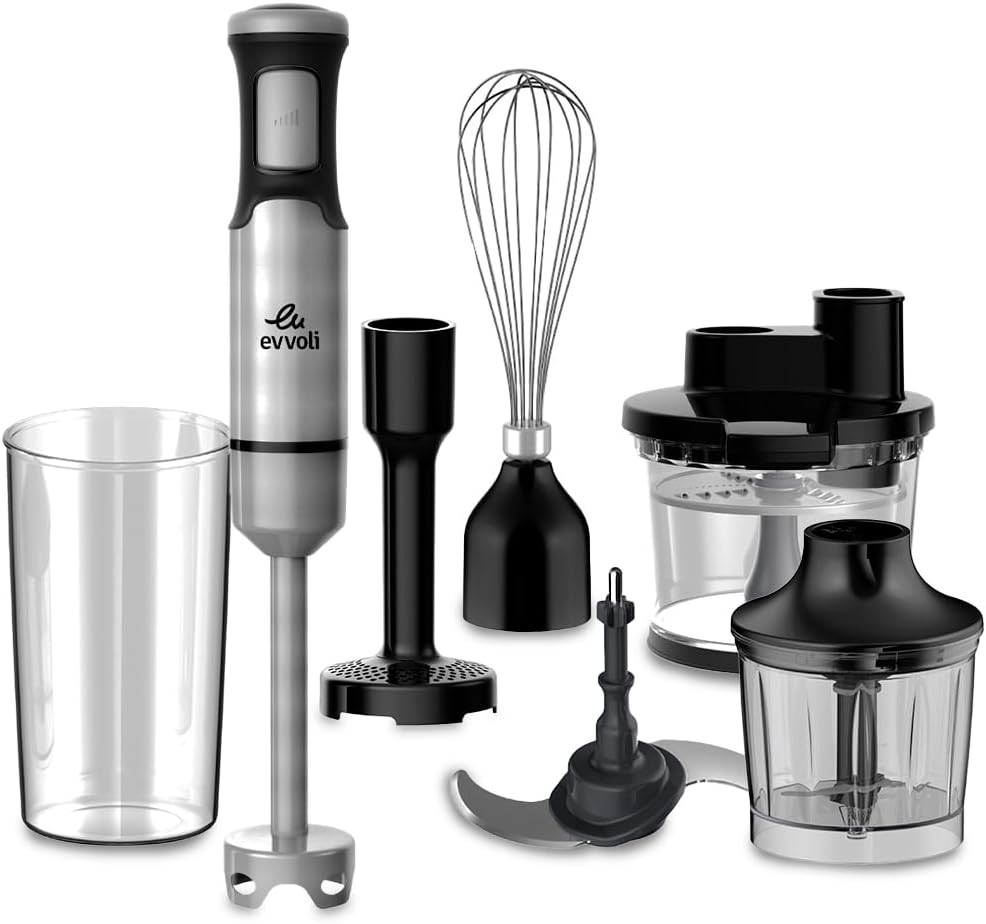 evvoli Hand Blender, 1200W, 6-In-1 Stainless Steel Stem Hand Blender With Food processor 2l, Whisk, Potato Masher, Beaker 600 ml and Chopper 1000 ml, EVKA-HBL6B