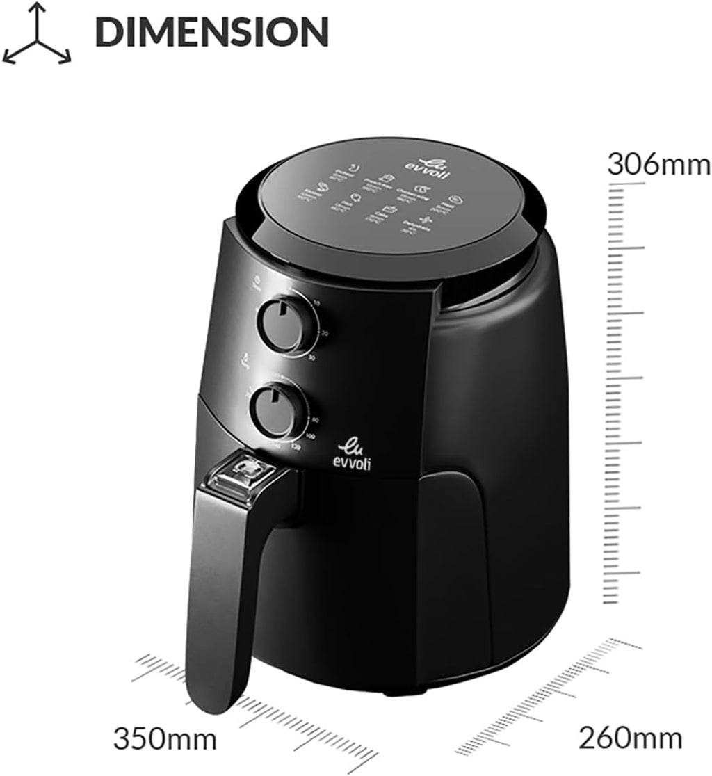 evvoli Air Fryer 4 Litres with Timer Temperature, Adjustable Control and 8 Preset Programs,1500W, EVKA-AF4001BS, Black