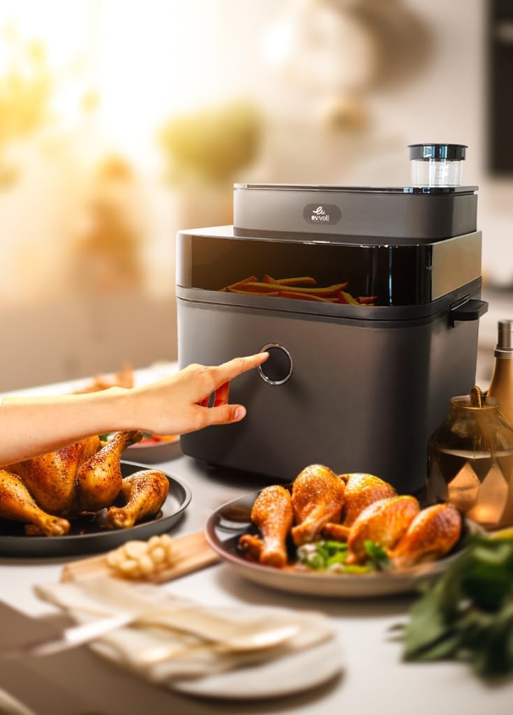 evvoli Air Fryer 8 Liters With Digital Control Panel Display, 8 Preset Programs with Juicy and Crisper plate and water tank 1450W, EVKA-AF8008D Black
