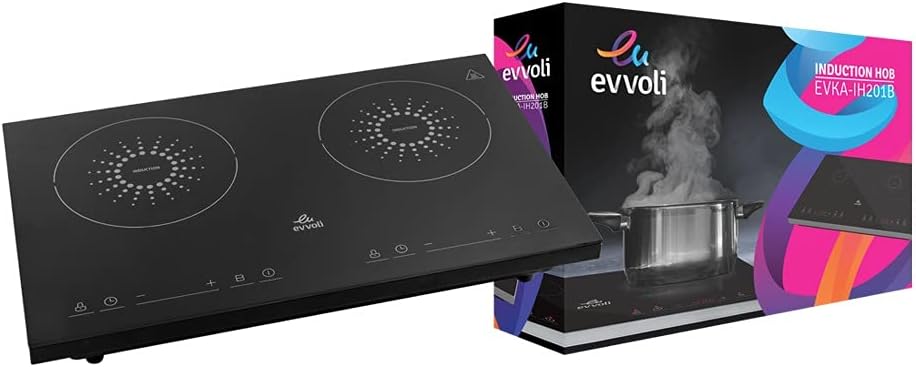 evvoli Induction Hob, 2 Burners with 9 Stage Power Settings, Soft Touch Control And Safety Switch, EVKA-IH201B