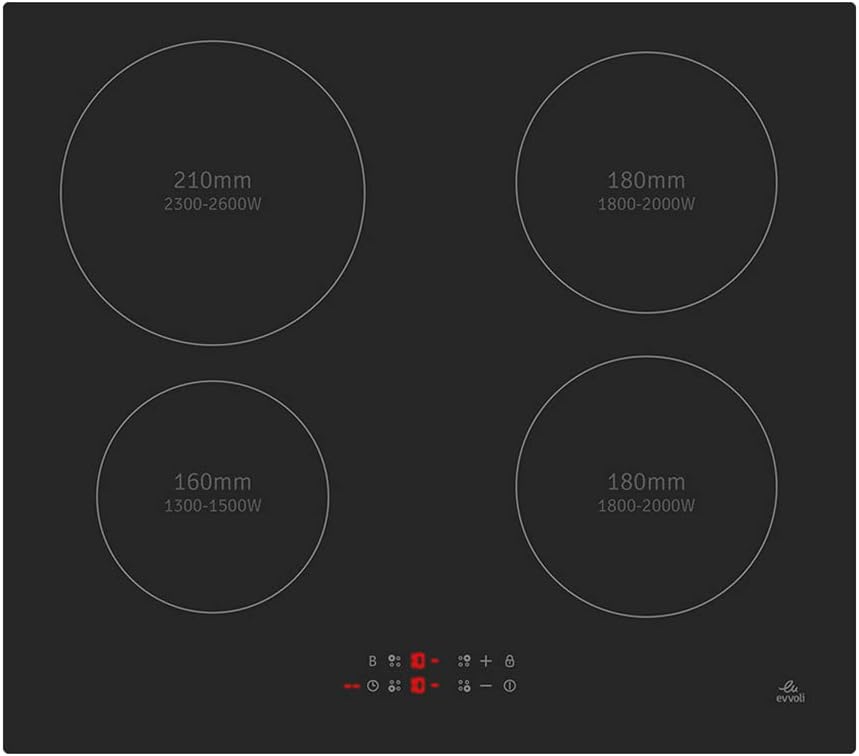 evvoli Built-In Induction Hob, 4 Burners, Soft Touch Control With 9 Stage Power Setting And Safety Switch, EVBI-IH604B, Black