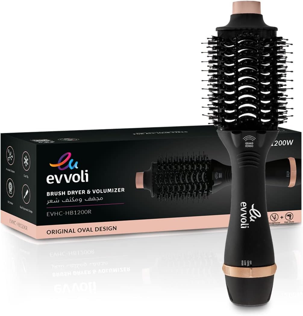 evvoli Brush Dryer & Volumizer 3 In1, Powerful DC Motor Fast Drying Hair Dryer with 4 X Ionic Feature And Cool Tip, 1200W, EVHC-HB1200R