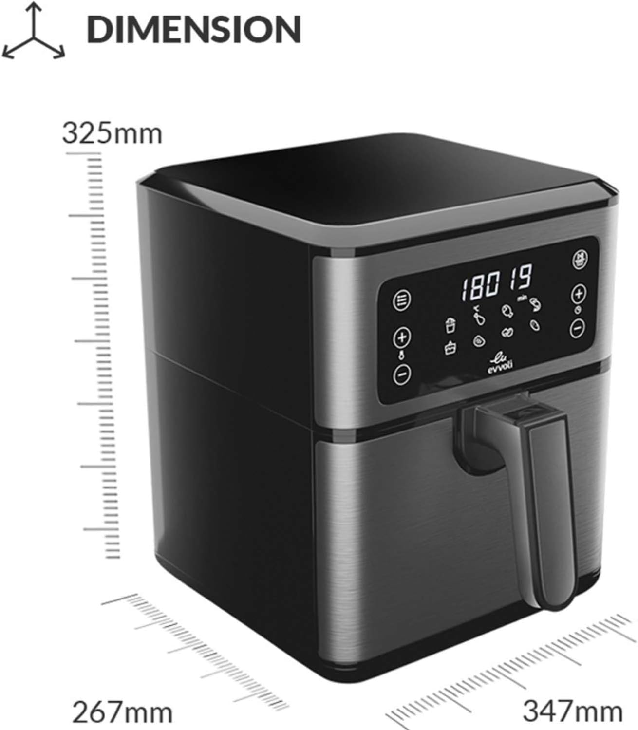 evvoli Air Fryer 5.5 Liters With Digital Control Panel Display, 8 Preset Programs and Built-In Preheat Function, 1700W, EVKA-AF5508D