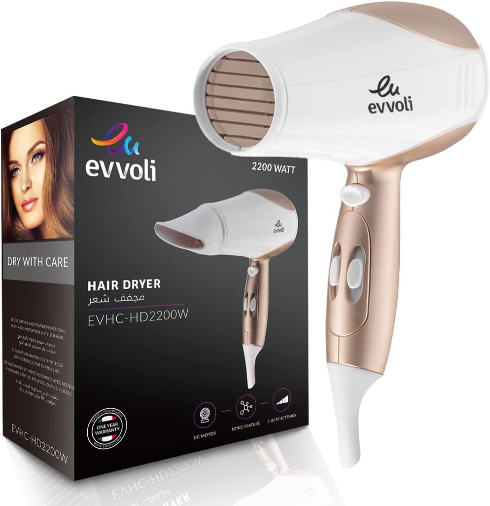 evvoli Hair Dryer, 2200W, Powerful DC Motor, Fast Drying Hair Dryer with 2 Speeds & 3 Settings, EVHC-HD2200W