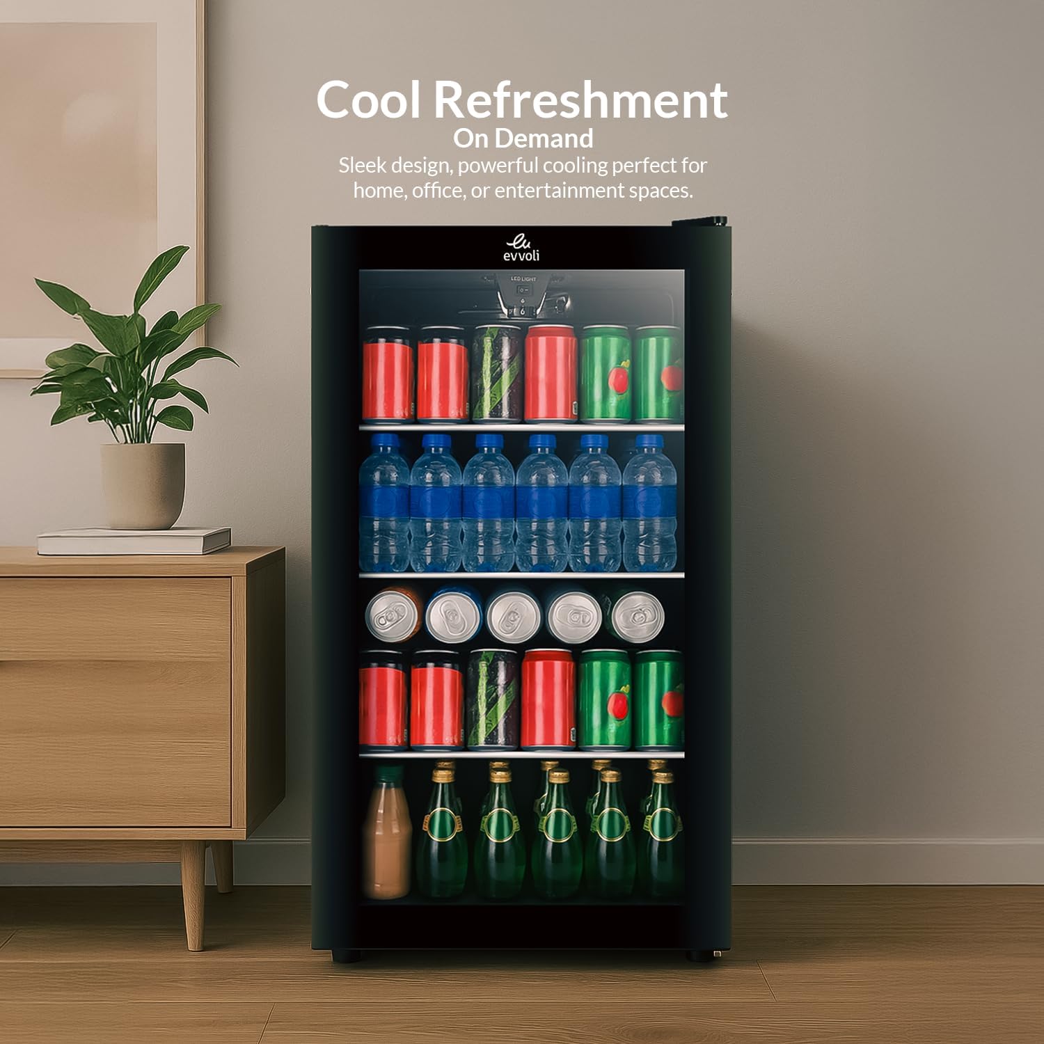 evvoli Beverage Cooler, 99 Liters, See-through Glass Door, Adjustable Leg, Defrost Type, EVBCM-99B