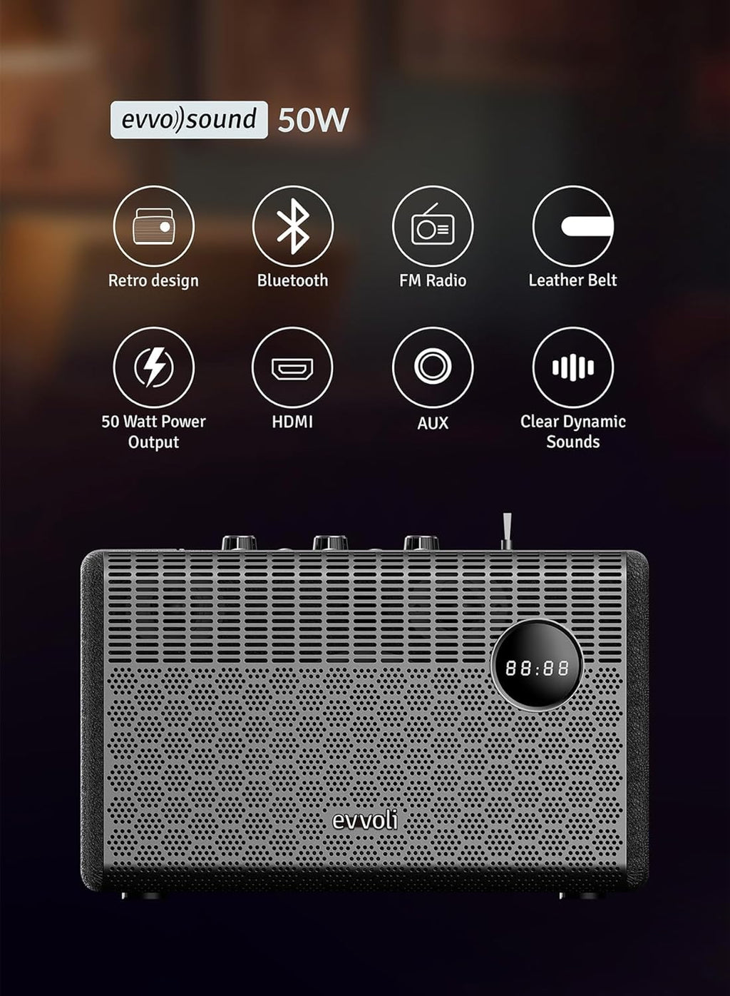 evvoli Portable Wireless Retro Bluetooth Speaker With 50W Heavy Bass Speaker for Home, Outdoor, Office and Party - EVAUD-RB51A, Black