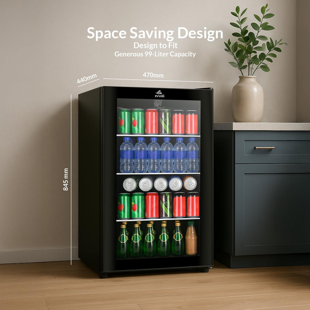 evvoli Beverage Cooler, 99 Liters, See-through Glass Door, Adjustable Leg, Defrost Type, EVBCM-99B