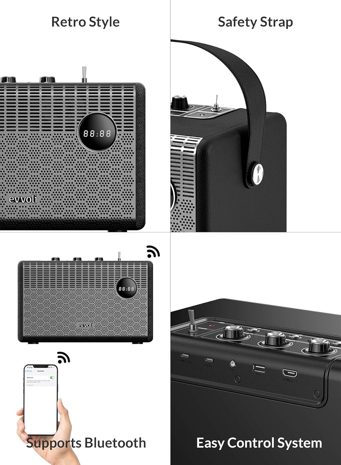 evvoli Portable Wireless Retro Bluetooth Speaker With 50W Heavy Bass Speaker for Home, Outdoor, Office and Party - EVAUD-RB51A, Black